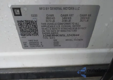 2020 Chevrolet Traverse Fwd Lt Leather from USA, damaged, VIN 1GNERHKW5LJ243644